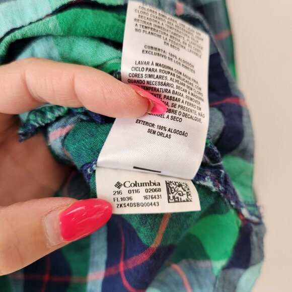 Columbia PFG Plaid Green Popover Shirt Blouse 100% Cotton Hiking Women's M - Picture 10 of 10
